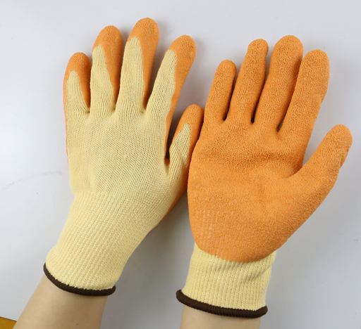 10针涤棉黄纱橘乳胶起皱手套